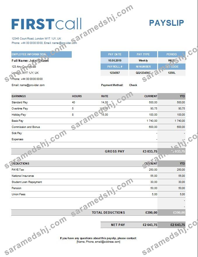 call forwarding company paystub template in Excel and PDF formats